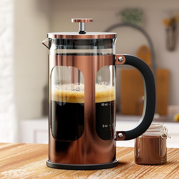 BAYKA 21 Ounce 0.6 Liter French Press Coffee Tea Maker Small, Heat Resistant Thickened Borosilicate Glass Stainless Steel Single Serve Brewer, Cold Brew Percolators, Cafetera Teapot, Copper