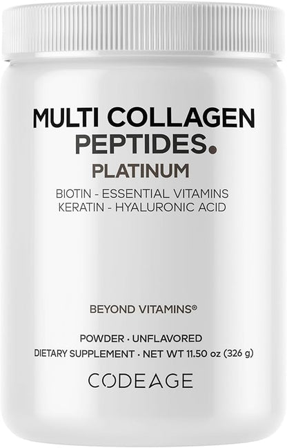 Codeage Multi Collagen for Women & Men Biotin 10000mcg Keratin, Protein Powder Vitamin C B6 D3, Hyaluronic Acid, Niacin - Hydrolyzed Collagen Coffee Creamer 5 Types - Unflavored - Non-GMO - 11.5oz