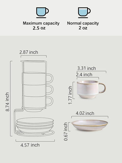 Gomakren 2.5 Ounce Espresso Cups Set of 4, Small Stackable Coffee Cups with Saucers and Metal Stand, Porcelain Demitasse Cups for Specialty Coffee Drinks, Espresso, Cappuccino, Latte, Tea, White
