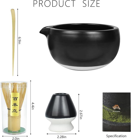 Artcome 4 Pcs Complete Matcha Ceremony Kit - Bowl With Pouring Spout, Whisk, Holder, Scoop - Japanese Tea Set for Making Usucha, Koicha and Latte (Black)