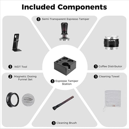 IKAPE 58mm Black Espresso Tool Set 8 IN 1, Coffee Tamper, Distributor, Magnetic Funnel, Puck Screen, Tamper Station, Stirrer Distribution Tool, Cleaning Towel and Brush