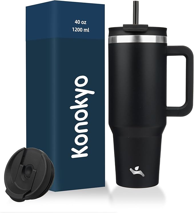40 oz Tumbler with Handle and 2 Straws,2 in 1 Lid Insulated Water Bottle Stainless Steel Travel Coffee Mug,Black