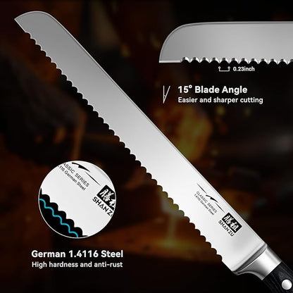 SHAN ZU 10" Bread Knife - Sourdough Slicing Knife Professional German 1.4116 Stainless Steel Serrated Blade, Ergonomic Wood Handle & Full Tang Design, Gift Box Included (Single-Edge