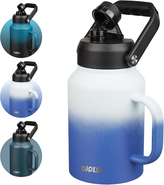 BJPKPK 64oz Insulated Water Bottle with Handle, Large Dishwasher Safe Half Gallon Water Bottle, BPA Free Water Jug, Wide Mouth Metal Water Bottle with Anti-slip Bottom, Keep Cold & Hot, Sky
