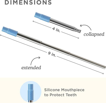 ZOKU Reusable Metal Straw with Case for Travel, Blue - Collapsible Stainless Steel Drinking Straw with Silicone Tip and Cleaner Brush, Ideal for Key Chains, Pockets, Purses