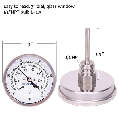 MEASUREMAN Fully Stainless Steel Pot, Kettle, Brewing Bimetal Thermometer, 3" Dial, 2-1/2" Stem, 0-250 deg F/-20-120 deg C, -1% Accuracy, Adjustable, 1/2" NPT Back Mount （2 Pack）
