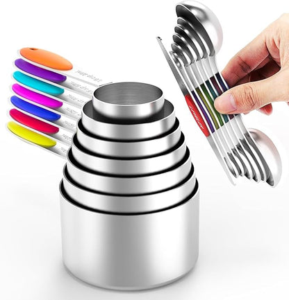 TILUCK measuring cups and magnetic measuring spoons set, stainless steel measuring cups, 6 double-sided stainless steel measuring spoons & 1 leveler(7+7)