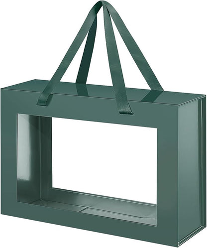 Large Green Clear Gift Box, 13.5x9x4.1 Inches Gift Box with Window by Handle, Bridesmaid Proposal Box, Collapsible Gift Box with Magnetic Closure (Glossy Green, 1 Pack)