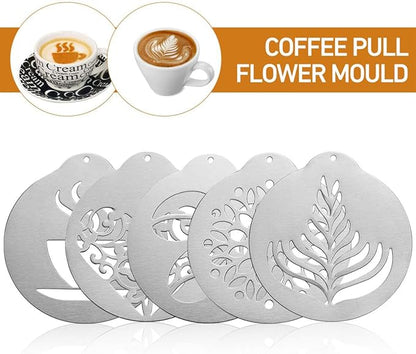 4Pieces Stainless Steel Milk Frothing Pitcher Set, Latte Art Barista Steaming Pitchers Set -Include Milk Frother Cup, Latte Art Pen, Powder Shaker, 5pcs Coffee Decorating Stencils (350ml/11oz)