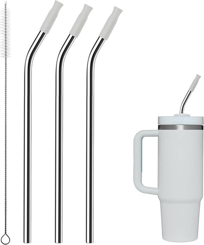 Reusable Stainless Steel Straws with Silicone Tip for Stanley 30oz, Metal Drinking Straws for 30oz Tumbler,3 Bent Tubes & 6 Tips& 1 Cleanr Brush (Ash)
