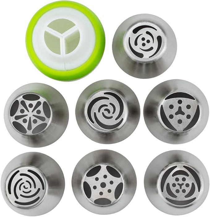 Restaurantware Pastry Tek Russian Piping Tips Set 18 Piece Durable Cake Decorating Kit - 7 Piping Tips 10 Piping Bags Stainless Steel Piping Bags And Tips Set 1 Tri-Color Coupler