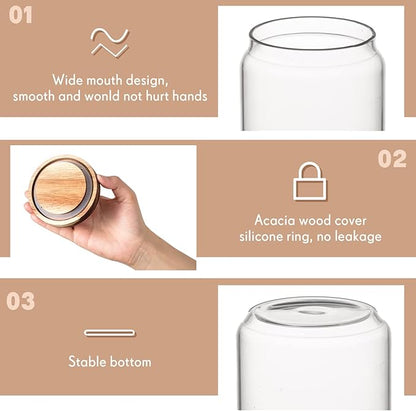 Irenare 16 Pcs 17 oz/ 500 ml Glass Canister Food Airtight Sealed Clear Borosilicate Glass Storage Jars with Lids Kitchen Spice Containers for Serving Coffee Sugar Tea Beans Candy Nuts Pantry (Wood)