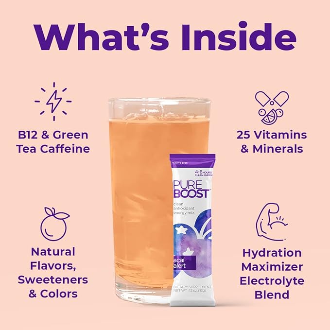 Pureboost Clean Energy Booster, Refreshing Energy Drink Mix with B12 Vitamins, Electrolytes, Antioxidants, Sugar-Free with No Sucralose (Acai Alert, 30 Count)