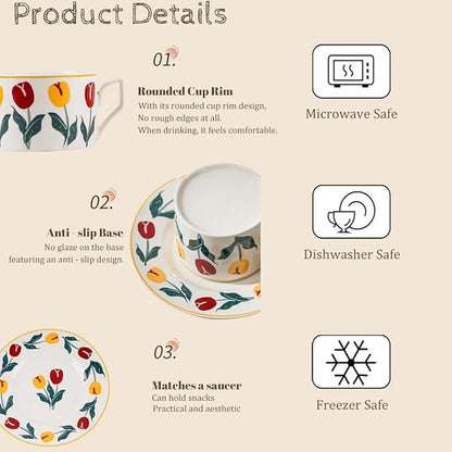 Ceramic Coffee Cup with Saucer, 8.5oz Floral Porcelain Tea Cup with Premium Gold Spoon and Gift Box, Dishwasher and Microwave Safe, Cup Mug for Coffee Cappuccino Espresso Latte