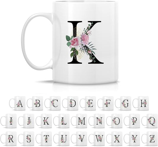 Retreez Initial A-Z Floral Botanical Bouquet Alphabet Monogrammed Monogram Mug 11 Oz Ceramic Tea Coffee Mugs - Appreciation Thank You Wedding Birthday Gifts for her friend coworker sister - K Initial