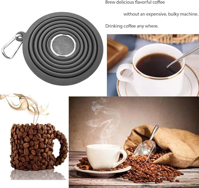 Collapsible Coffee Dripper Pour Over Coffee Filter, Silicone Reusable Coffee Maker,Paperless Coffee Brew Maker,Dishwasher Safe,Carabineer for Hiking, Backpacking,Camping,Home,Office(Grey)