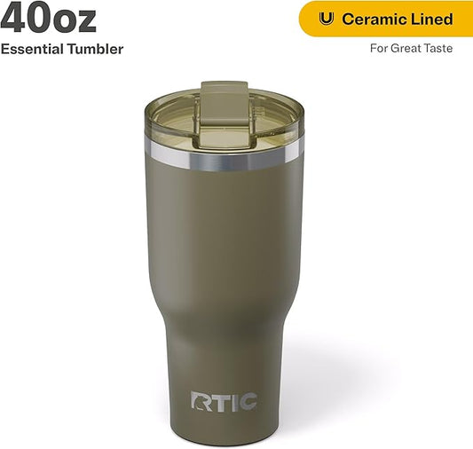 RTIC 40oz Essential Tumbler with Lid, Insulated, Stainless Steel, Metal, Double Wall Vacuum-Insulation, Ceramic Lined, Travel Cup for Iced Coffee, Tea, Hot and Cold Drink, Olive