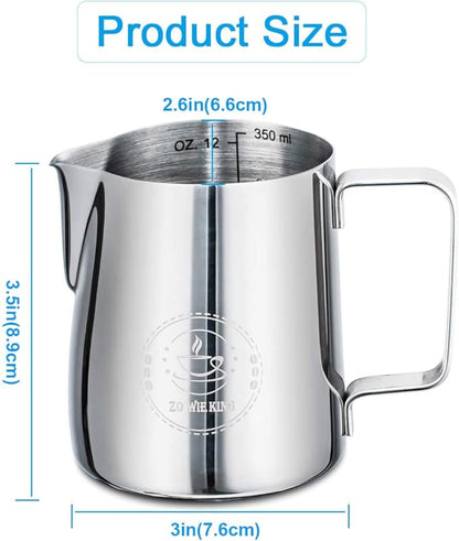 Milk Frothing Pitcher 12oz, Espresso Steaming Pitchers 350ml, Frother cup, Coffee Cappuccino Latte Art,304 Stainless Steel Jug with Decorating Art Pen