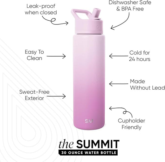 Simple Modern Water Bottle with Straw Lid | Vacuum Insulated Stainless Steel Metal Thermos | Reusable Leak Proof BPA-Free Flask for Sports Gym | Summit Collection | 30oz, Violet Dreams