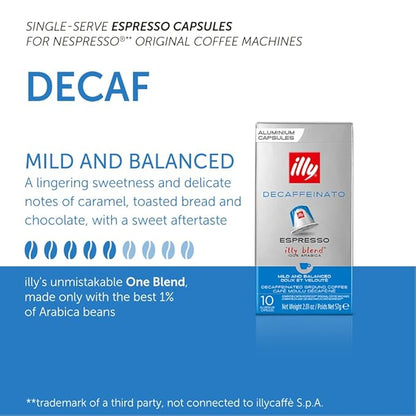 Illy Espresso Compatible Capsules - Single-Serve Coffee Capsules & Pods - Classico Decaf Roast - Notes Of Caramel, Toasted Bread & Chocolate Pods - For Nespresso Coffee Machines – 10 Count