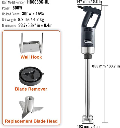 VEVOR Commercial Immersion Blender, 500 Watt 20Inch Heavy Duty Hand Mixer, Variable Speed Mixer with 304 Stainless Steel Blade, Multi-Purpose Portable Mixer for Soup, Smoothie, Puree, Baby Food