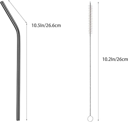 10 Pcs Stainless Steel Straws, Reusable Drinking Straws, Bent Metal Straw Sets with 2 Pcs Cleaning Brushes (Black, 10.5 Inch)
