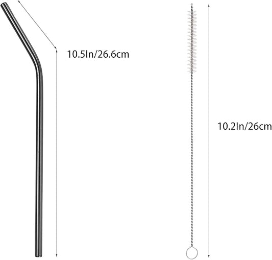 10 Pcs Stainless Steel Straws, Reusable Drinking Straws, Bent Metal Straw Sets with 2 Pcs Cleaning Brushes (Black, 10.5 Inch)