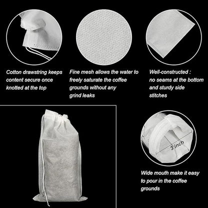 50pcs No Mess Cold Brew Bags, 6x10 inch Disposable Coffee Filter Bag Fine Mesh Brewing Drawstring Pouches for Iced Coffee Hot Tea Herb Spice
