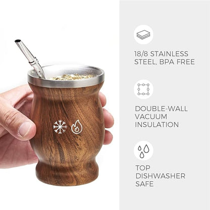 BALIBETOV Stainless Steel Double-Wall Mate Cup And Bombilla Set - Yerba Mate set Includes One Yerba Mate Cup, 2 Bombillas Mate (Straw) & Brush - Easy to Clean (Wood)