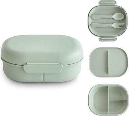 mushie Kids Bento Lunch Box | 3-Compartment & Removable Divider + Fork & Spoon Utensils | Great For Meals, School, Snacks On-the-Go | Dishwasher Safe (Sage)