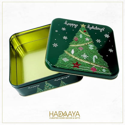 Pack of 2 Square Metal Christmas Cookie Tins With Lids, Elegant Green & Gold Festive Tins, Multipurpose Tins For Gift Giving, Durable & Stylish Storage Solution For Cake, Candy & More