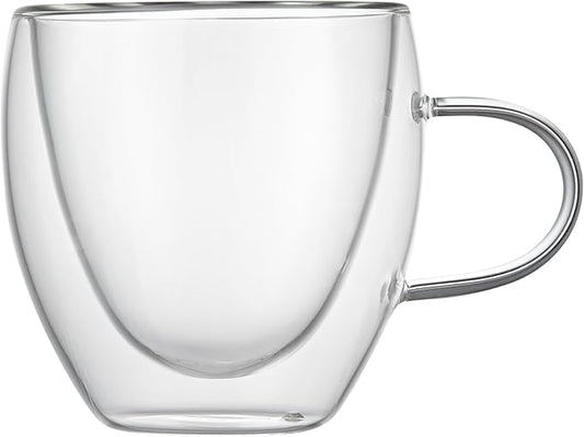 Restaurantware-Forma Professional 5.1 Ounce Glass Coffee Cups, 2 Insulated Coffee Cups With Handle - Dishwashable, Reusable, Clear Double Wall Beverage Tumblers, Freezable, For Hot Or Cold Beverages