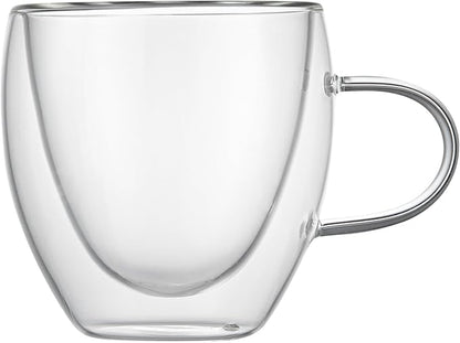Restaurantware-Forma Professional 5.1 Ounce Glass Coffee Cups, 12 Insulated Coffee Cups With Handle - Dishwashable, Reusable, Clear Double Wall Beverage Tumblers, Freezable, For Hot Or Cold Beverages
