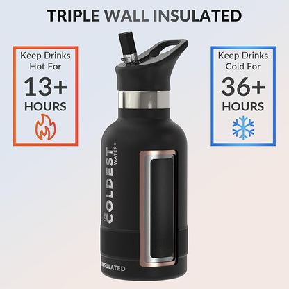 Coldest Insulated Water Bottle with Straw Lid - Stainless Steel Metal Insulated Bottle for Men & Women (Stealth Black, 12 oz)