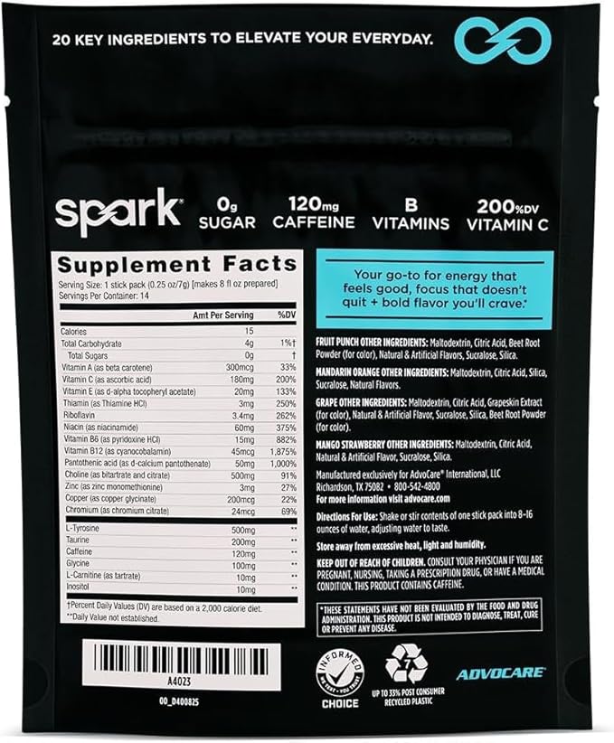 AdvoCare Spark Vitamin & Amino Acid Supplement - Focus & Energy Drink Powder Mix with Vitamin A, B-6, C & E - Also Includes L-Carnitine & L-Tyrosine - 14 Servings- Variety Pack