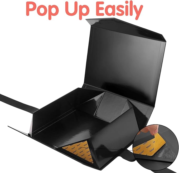 HAPPY POTATO 5 Large Gift Boxes with Ribbon 11.5x8.1x3.8 Inches, Black Boxes with Lids, Groomsmen Proposal Boxes, Magnetic Gift Boxes for Presents (Glossy Black, Pack of 5)