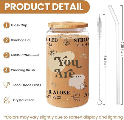 Christian Gifts for Women - Inspirational 16 Oz Can Glass Coffee Cup with Bamboo Lid & Straw- Religious, Motivational Catholic Gifts for Womens Ladies on Birthday