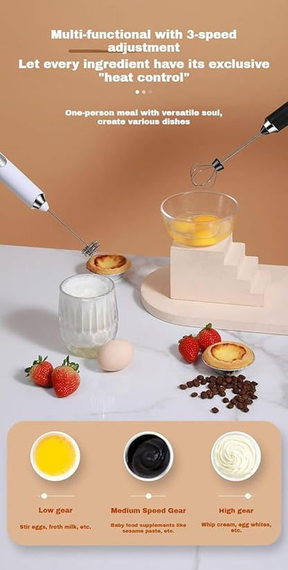 3-Speed USB Rechargeable Handheld Electric Milk Frother, Cordless Mini Whisk for Coffee, Egg Beater for Baking, Baby Food Blender with One-Touch Operation, Stable Stirring No Splash