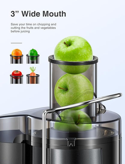 QCen Juicer Machine, 500W Centrifugal Juicer Extractor with Wide Mouth 3” Feed Chute for Fruit Vegetable, Easy to Clean, Stainless Steel, BPA-free (Metallic Black)