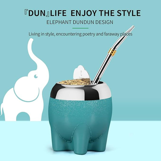 Premium Yerba Mate Cup 5 in 1 Set, Including Stainless Steel Gourd (Glitter Stars, Cute Elephant Style) Bombilla Straw, and Tea Shaper Set, 5.4oz, Gift for Women Drinking Coffee Tea Water