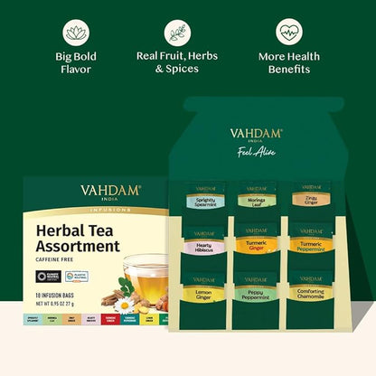 VAHDAM, Assorted Herbal Tea Sampler (18 Tea Bags, 9 Flavors) Caffeine-Free, Non-GMO | Double Infusion, Individually Enveloped Tea Bags | Herbal Tea Assortment