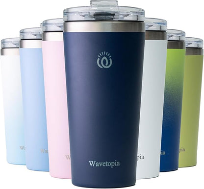 Insulated Coffee Mug with Lid, Reusable Stainless Steel Travel Coffee Cup, 16 Oz Double Wall Vacuum Spill Proof Tumbler Cups for Men and Women Hot & Cold Drinks（Aegean）