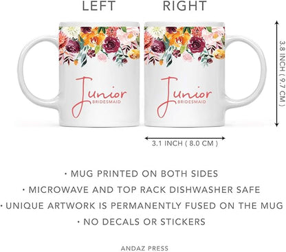 Andaz Press 11oz. Wedding Ceramic Coffee Tea Mug Gift, Fall Autumn Burgundy Orange Peach Flowers Roses Florals, Junior Bridesmaid, 1-Pack, Includes Gift Box