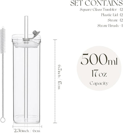 12 Sets Square Drinking Glass Cups with Lids & Straws, 17 Oz Clear Highball Glasses for Cocktail, Iced Coffee, Juice, Beer - Modern Glass Tumblers