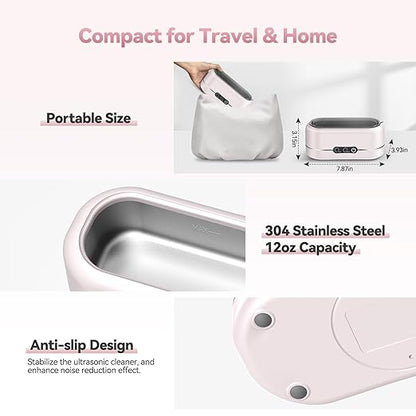 Ultrasonic Jewelry Cleaner, Upgraded 48KHz Ultrasonic Cleaner Machine with 304 Stainless Steel for Jewelry, Eyeglasses, Rings, Dentures, Watch Strap（Light Pink）