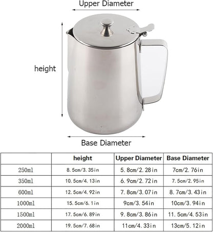 Stainless Steel Milk Frothing Pitcher, Stainless Steel Coffee Cup Mug Milk Frothing Pitcher Jug with Lid for Latte Coffee Art for Office Kitchen with handle(2000ml)