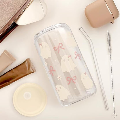 Halloween 16oz Can Glass Tumbler with Acrylic Lid & Straw, Iced Coffee Cup for Women Girls, Aesthetic Cups Gifts for Party
