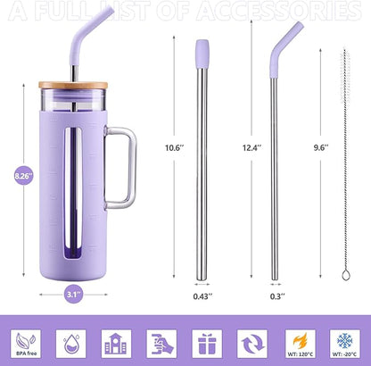Kodrine Tumbler with Lid and Straw, 20 oz Glass Coffee Tumbler with Handle, Smoothie Cup with Bamboo Lid | Time Marker | Silicone Protective Sleeve, BPA Free - Purple