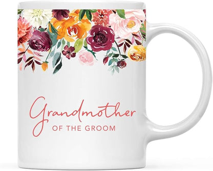 Andaz Press 11oz. Wedding Ceramic Coffee Tea Mug Gift, Fall Autumn Burgundy Orange Peach Flowers Roses Florals, Grandmother of the Groom, 1-Pack, Includes Gift Box