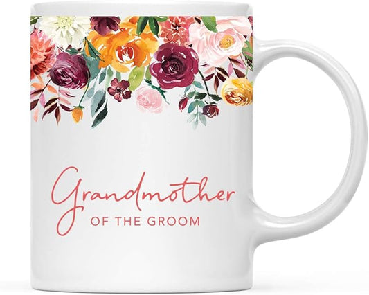 Andaz Press 11oz. Wedding Ceramic Coffee Tea Mug Gift, Fall Autumn Burgundy Orange Peach Flowers Roses Florals, Grandmother of the Groom, 1-Pack, Includes Gift Box